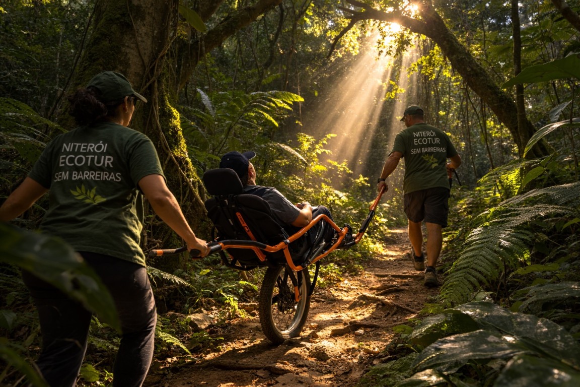 Pessoa realizando trilha inclusiva no Parque da Cidade com cadeira Juliette